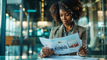 a businesswoman reviewing reports and financial documents in a sleek, modern officeの素材