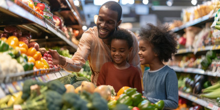 a Black family managing a local grocery store, interacting with happy customersの素材