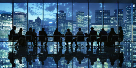 a business meeting in a high-rise building with participants focused on a presentation screenの素材