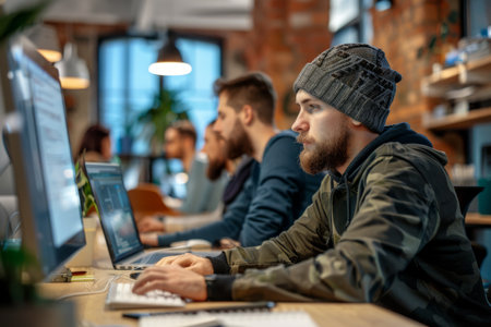 a Caucasian tech team working on software development in a trendy coworking spaceの素材