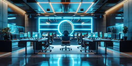 a high-tech office with multiple monitors and sleek furniture, perfect for tech-themed backgroundsの素材