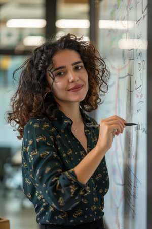 a Brazilian businesswoman writing on a whiteboard during a team meeting in a contemporary officeの素材