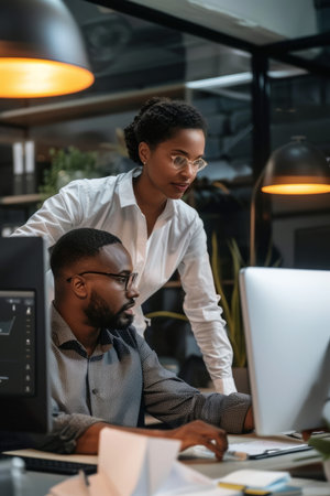 a Brazilian business analyst discussing financial data with a colleague in a sleek officeの素材