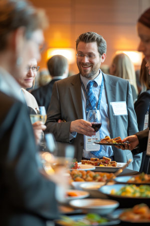 a group of business professionals networking at a conference with name tags and refreshmentsの素材