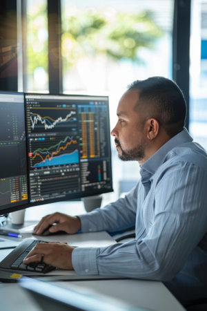 a Hispanic business analyst reviewing charts and graphs on a large monitor in a bright officeの素材