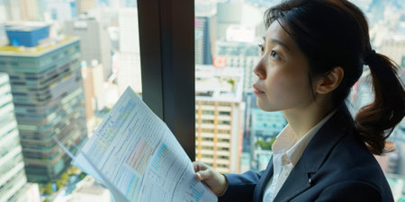a Japanese businesswoman reviewing financial charts and graphs in a high-rise officeの素材