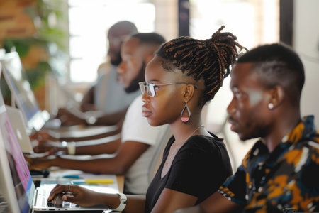 a Black tech team working on software development in a trendy coworking spaceの素材
