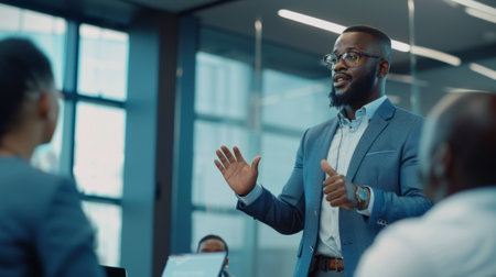 a Black entrepreneur presenting a business proposal to investors in a stylish conference roomの素材