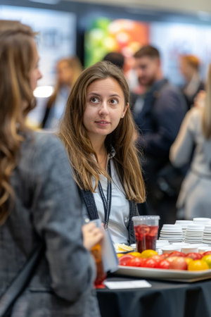 a group of business professionals networking at a conference with name tags and refreshmentsの素材