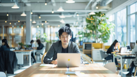 a Japanese entrepreneur working on a startup project in a bright, open-plan officeの素材