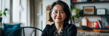 a Japanese businesswoman leading a virtual meeting from her home office with a professional backdropの素材