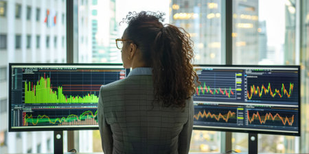 a Brazilian businesswoman analyzing financial data on multiple screens in a high-rise officeの素材