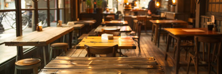 a cozy coffee shop with wooden tables and warm lighting, perfect for informal meeting backgroundsの素材