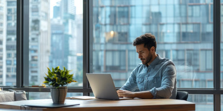 a Hispanic entrepreneur working on a laptop in a minimalist office with a view of the city skylineの素材