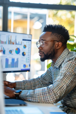 a Black business analyst reviewing charts and graphs on a large monitor in a bright officeの素材