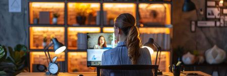 a businesswoman leading a webinar from a stylish home office with professional lightingの素材