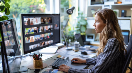 a Caucasian businesswoman hosting a webinar from a professional home office setupの素材