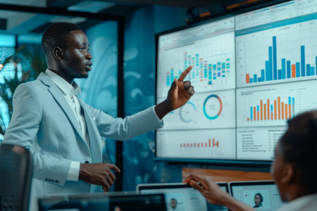an African business analyst presenting market data to a team in a sleek officeの素材