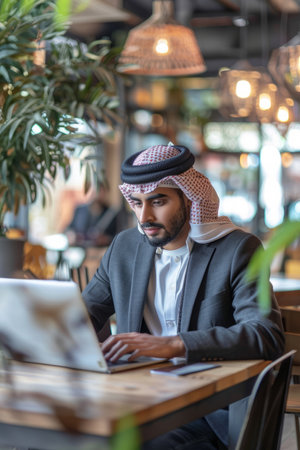 a young Arabian businessman working on his laptop in a trendy cafeの素材