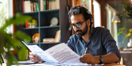 an Indian entrepreneur reviewing financial documents in a stylish home officeの素材