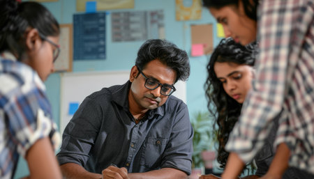 an Indian creative director reviewing design drafts with a team of graphic designersの素材