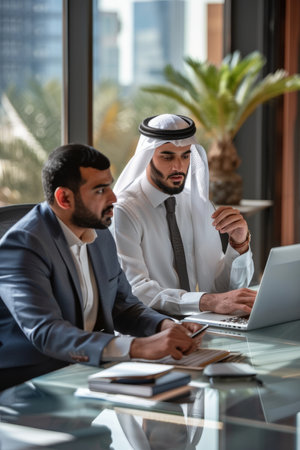 an Arabian business analyst discussing financial data with a colleague in a sleek officeの素材