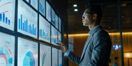 an East Asian business analyst reviewing data charts on a large screen in a sleek officeの素材