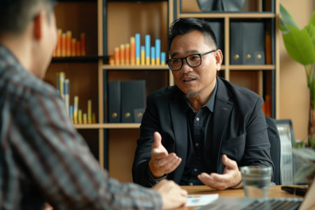an East Asian business consultant advising a client on business growth strategies in a contemporary officeの素材