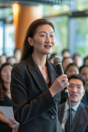 an Asian businesswoman giving a keynote speech at a corporate event with an engaged audienceの素材