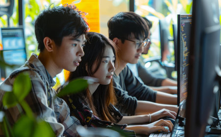 an Asian tech team working on software development in a trendy coworking spaceの素材