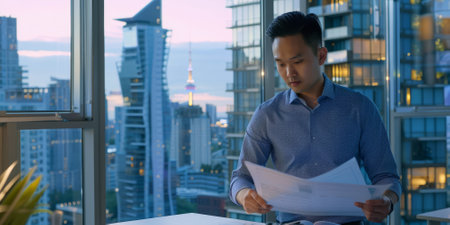 an East Asian entrepreneur reviewing market research in a modern office with panoramic viewsの素材