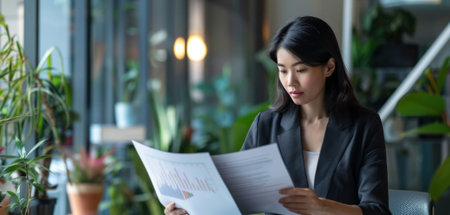 an East Asian businesswoman analyzing sales data in a minimalist office settingの素材