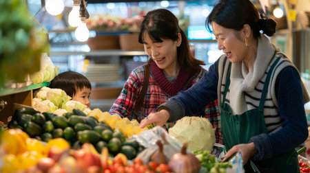 an East Asian family running a successful local market stall, engaging with customersの素材