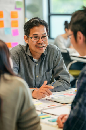 an East Asian entrepreneur leading a product development meeting with colleagues in a creative workspaceの素材