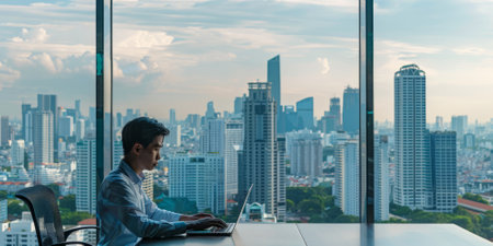 an Asian entrepreneur working on a laptop in a minimalist office with a view of the city skylineの素材