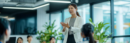 an Asian businesswoman leading a workshop in a high-tech training room with engaged participantsの素材