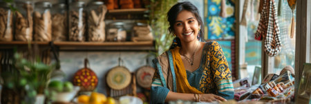an Indian small business owner organizing products in a cozy boutiqueの素材