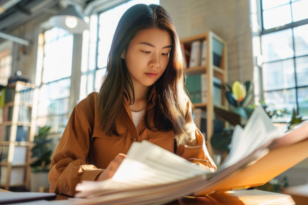 an East Asian businesswoman organizing documents in a bright, airy officeの素材