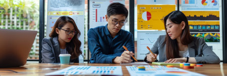 an East Asian entrepreneur planning a digital marketing strategy with colleagues in a modern workspaceの素材