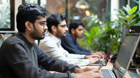 an Indian tech startup team working on coding projects in a modern, collaborative officeの素材