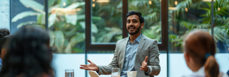 an Indian entrepreneur pitching a business idea to investors in a modern conference roomの素材