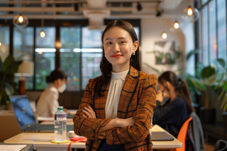 a Chinese businesswoman organizing a business hackathon event in a vibrant co-working spaceの素材