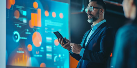 a Latin entrepreneur presenting a digital payment solution at a financial technology summitの素材