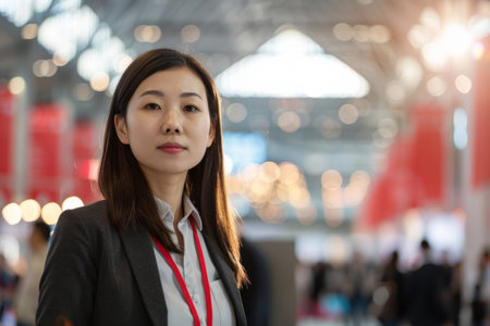 a Chinese businesswoman coordinating an international trade expo in a large convention centerの素材