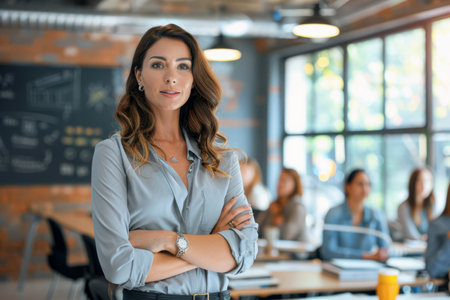 a Latin businesswoman leading a crisis communication workshop in a modern training roomの素材