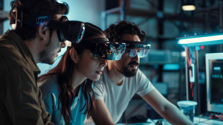 a Latin American tech team developing augmented reality shopping experiences in a futuristic labの素材