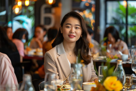 a Southeast Asian businesswoman organizing a fundraising event for social enterprises in a modern venueの素材