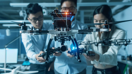 a Southeast Asian tech developing team autonomous drones in a futuristic labの素材