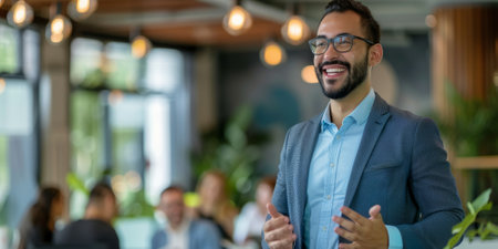 a Latin American entrepreneur pitching a sustainable energy startup to potential investors in a modern officeの素材