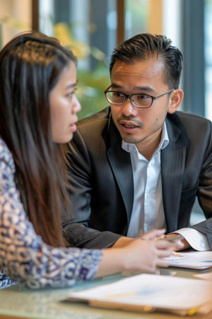 a Southeast Asian business consultant advising a startup on microfinance solutions in a contemporary officeの素材